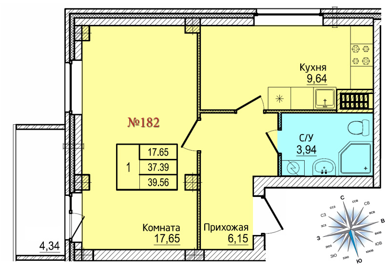 Однокомнатная квартира №182 Однокомнатная квартира №182